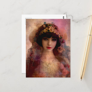 Carte Postale Portrait de style vintage de belle femme en rose