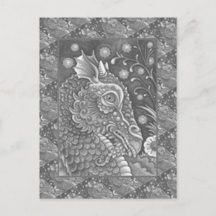 CARTE POSTALE PORTRAIT DE TÊTE DE DRAGON MÉDIÉVAL, IMAGINAIRE SI