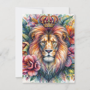 Carte Postale Portrait du lion portant de l'aquarelle florale de
