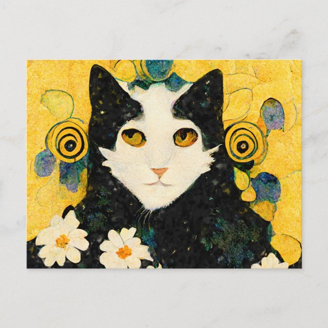 Carte Postale Portrait d'un chat avec des fleurs. Art nouveau. (Devant)