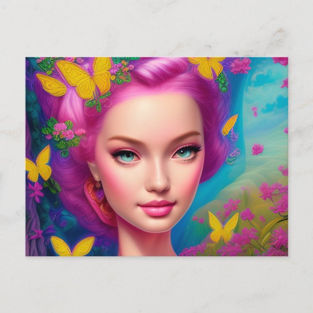 Carte Postale Portrait d'une belle femme rose vif (Devant)