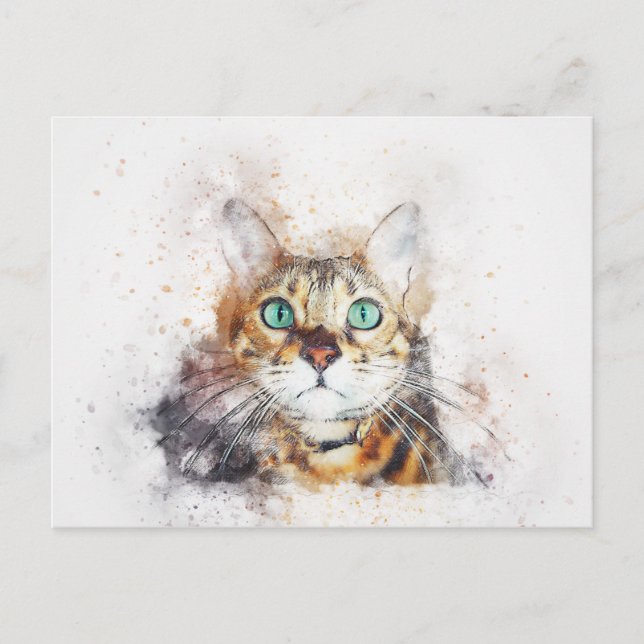 Carte Postale Portrait vert Eyed Kitty | ABSTRAIT | Aquarelle (Devant)