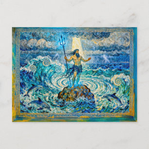 Carte Postale Poséidon sur des rochers marins avec trident et da