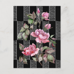 Carte postale post-café géométrique floral noir et