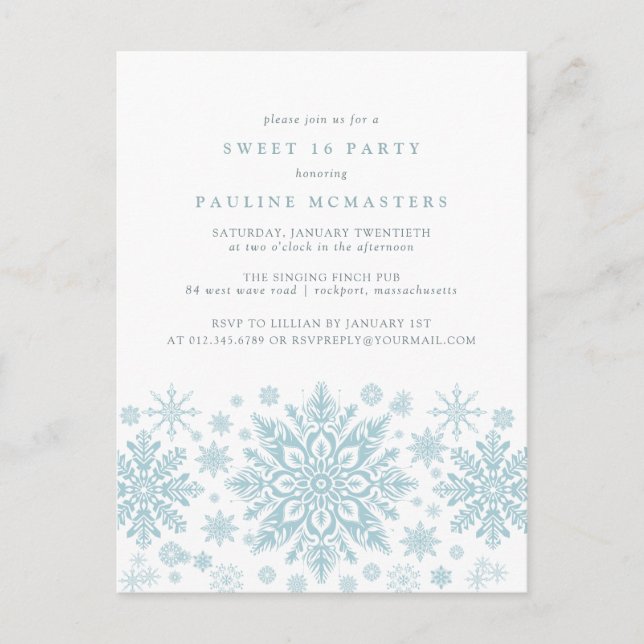 Carte Postale POSTCARD Sweet 16 Blue Snowflake Invitation (Devant)
