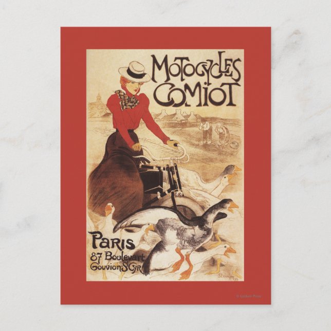Carte Postale Poster de promotion Comiot Motocycles femme et oie (Devant)
