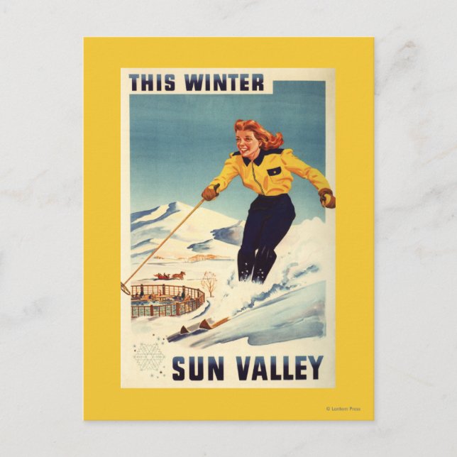 Carte Postale Poster d'une femme à tête rouge souriant et skiant (Devant)