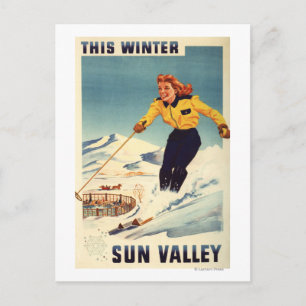 Carte Postale Poster d'une femme à tête rouge souriant et skiant