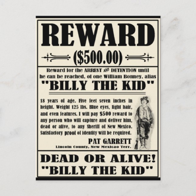 Carte Postale Poster Recherché Billy the Kid (Devant)