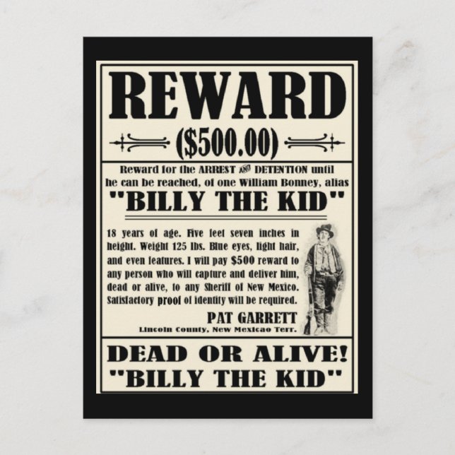 Carte Postale Poster Recherché Billy the Kid (Devant)