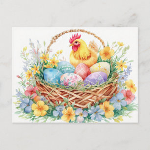 Carte Postale Poule debout à côté d'un nid de Pâques rempli d'œu
