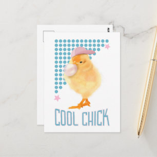 Carte Postale Poule qui souffle du bubble gum rétro - Fille cool