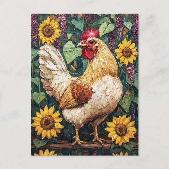 Carte Postale Poulet aux fleurs Peinture à l'huile (Devant)