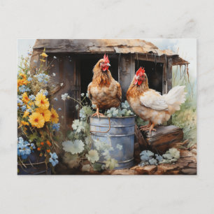 Carte Postale Poulet Étanche Bouche Poulet Coop Fleurs Jaunes