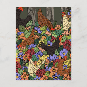 Carte Postale Poulets et fleurs