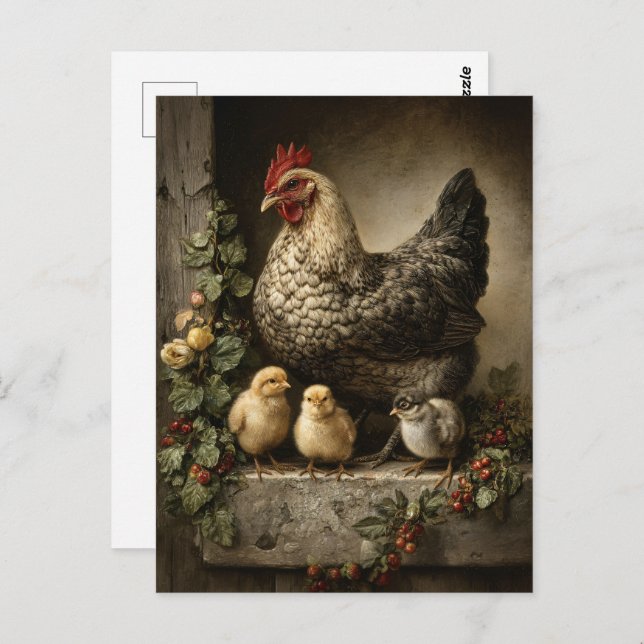 Carte Postale Poulets rustiques avec poules (Devant / Derrière)