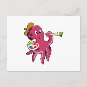 Carte Postale Poulpe à la peinture avec pinceau et couleur