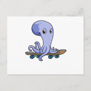 Carte Postale Poulpe en patineur avec planche à roulettes