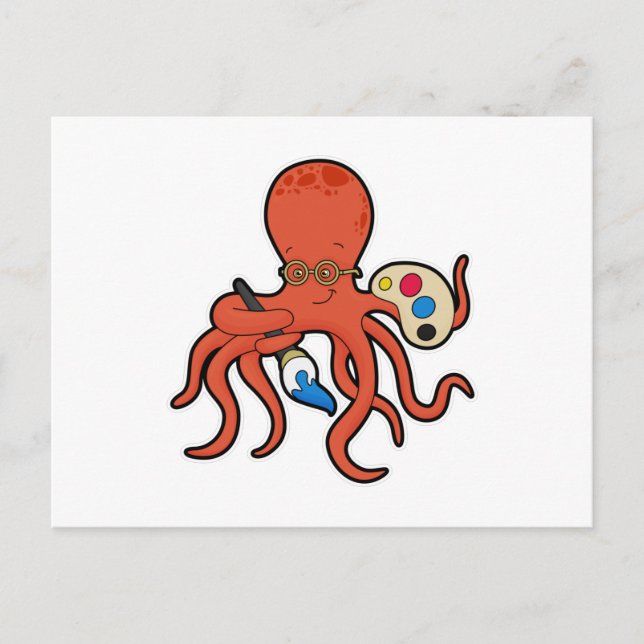 Carte Postale Poulpe en peintre avec peinture et pinceau (Devant)