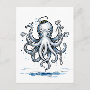 Carte Postale Poulpe jonglant avec des ancres dans une encre mar