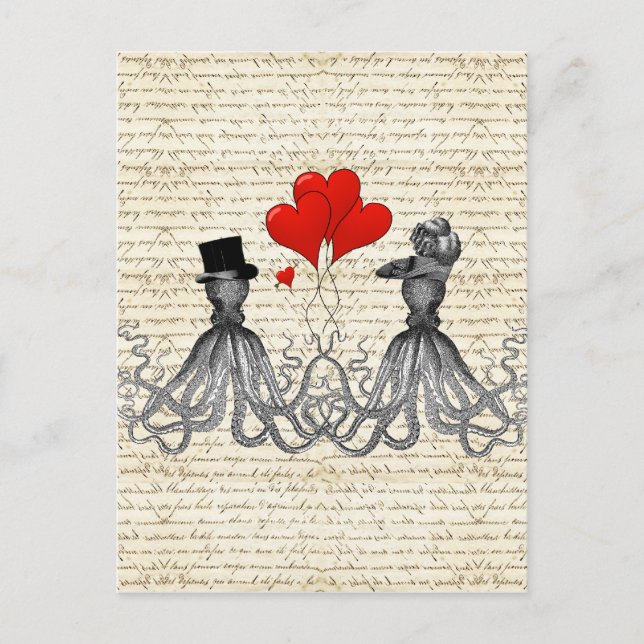 Carte Postale poulpe vintage et coeurs (Devant)