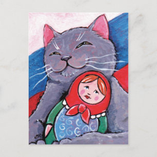 Carte Postale Poupée Bleue Russe et Babushka   Art Patriotique C