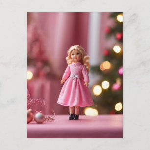 Carte Postale Poupée blonde adorable en Noël rose