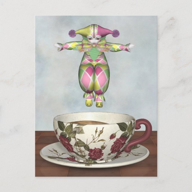 Carte Postale Poupée clown Pierrot Jumer dans une tasse de thé (Devant)