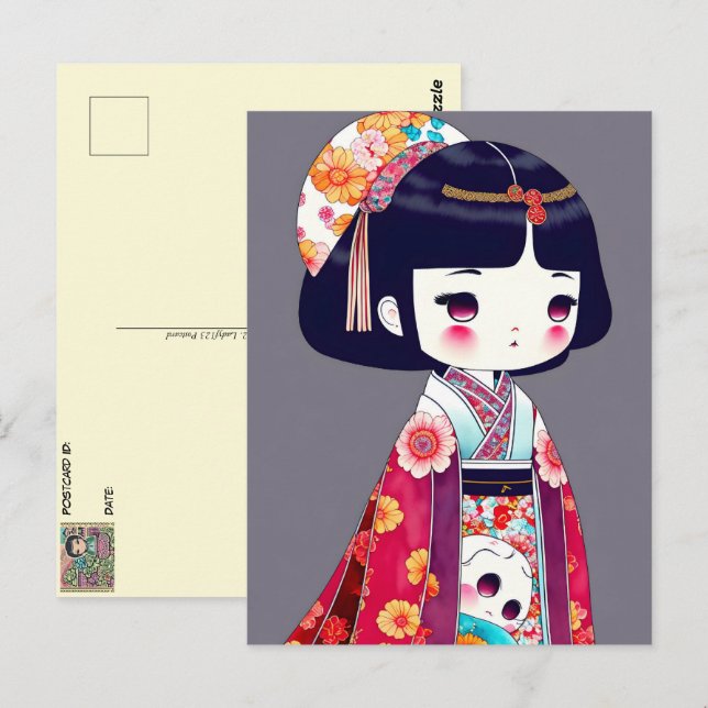 Carte Postale Poupée Cute Kokeshi, poste (Devant / Derrière)