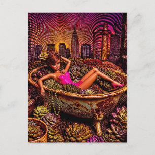 Carte Postale Poupée dans une baignoire de plantes amusantes art