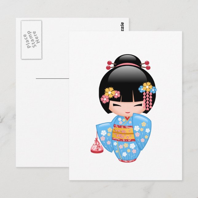 Carte Postale Poupée de Maiko Kokeshi - mignonne Geisha Girl (Devant / Derrière)