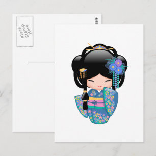 Carte Postale Poupée Keiko Kokeshi - Blue Kimono Geisha Girl