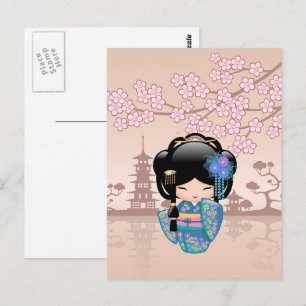 Carte Postale Poupée Keiko Kokeshi - Blue Kimono Geisha Girl