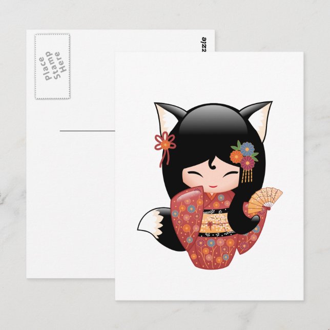 Carte Postale Poupée Kitsune Kokeshi - Black Fox Geisha Girl (Devant / Derrière)