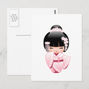 Carte Postale Poupée Kokeshi au Kimono Rose Kawaii