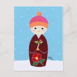 Carte Postale Poupée Kokeshi avec Camellia