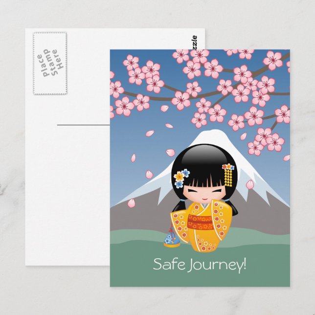 Carte Postale Poupée Kokeshi été - Kimono Jaune Voyage sécuritai (Devant / Derrière)