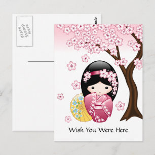 Carte Postale Poupée Kokeshi Printemps - Japonais Geisha Wish