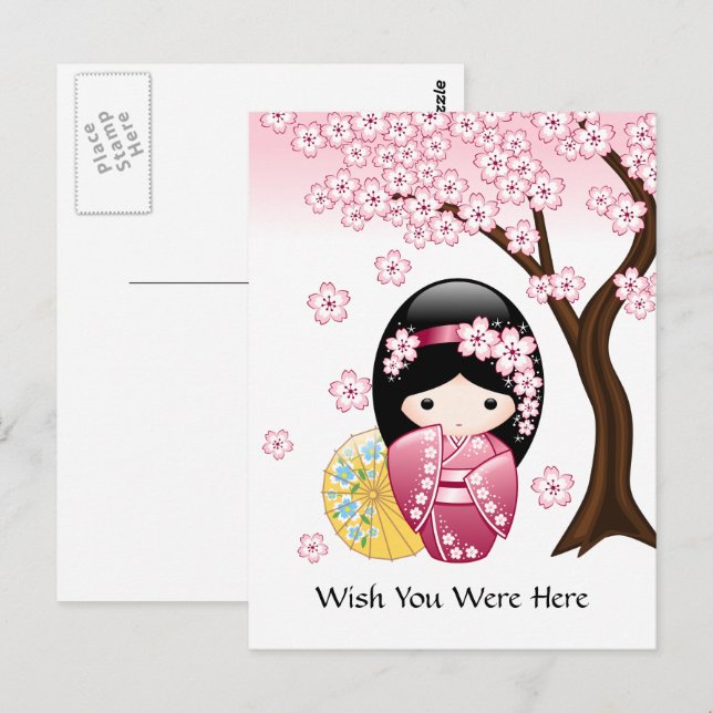 Carte Postale Poupée Kokeshi Printemps - Japonais Geisha Wish (Devant / Derrière)