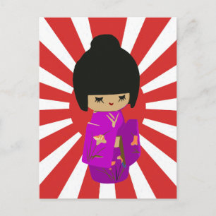 Carte Postale Poupée Kokeshi rose mignonne au soleil levant