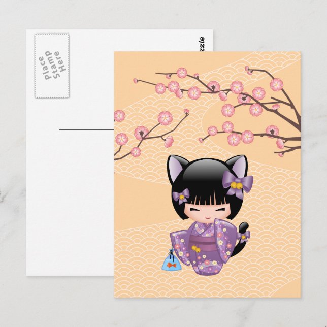 Carte Postale Poupée Neko Kokeshi - Fille Geisha aux Oreilles de (Devant / Derrière)