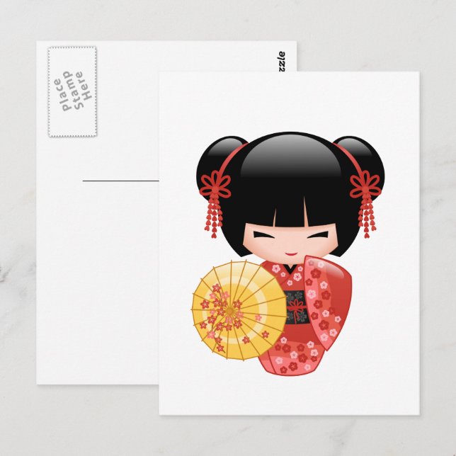 Carte Postale Poupée Rouge Sakura Kokeshi - Cute Geisha (Devant / Derrière)