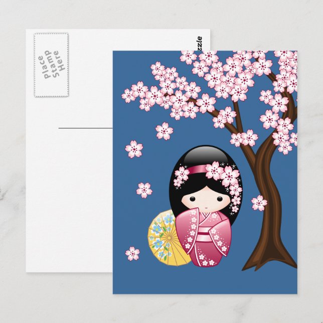 Carte Postale Poupée Spring Kokeshi - Japonaise Geisha Miss You (Devant / Derrière)