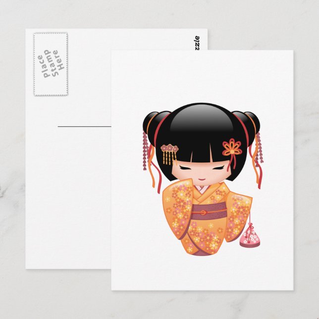 Carte Postale Poupée Ume Kokeshi - Japonaise Pêche Geisha Girl (Devant / Derrière)