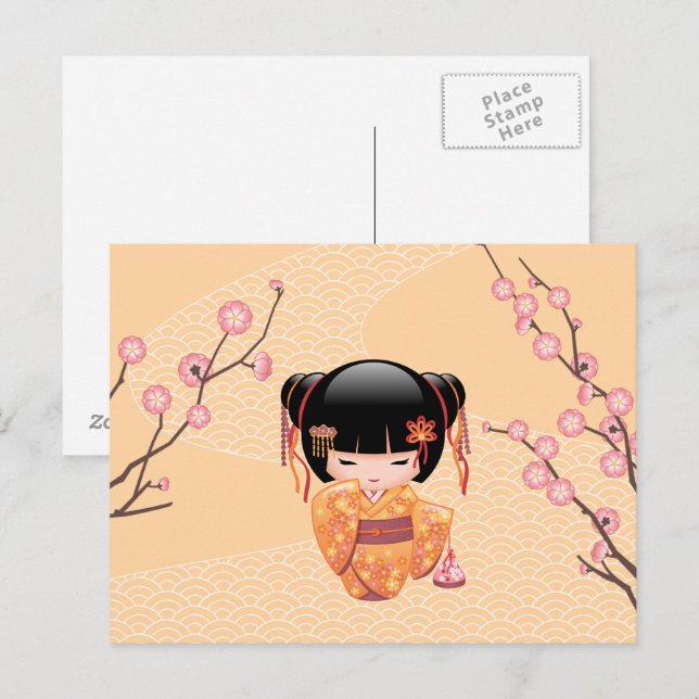 Carte Postale Poupée Ume Kokeshi - Japonaise Pêche Geisha Girl (Devant / Derrière)