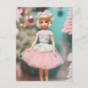 Carte Postale Poupée Vintage blonde adorable en Noël rose