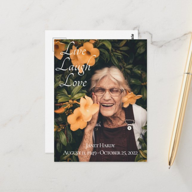 Carte postale pour funérailles « Vivre Rire Aimer  (Devant/Arrière en situation)