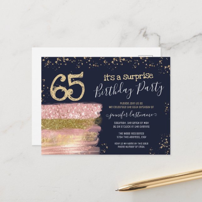 Carte postale pour les 65 ans avec gâteau surprise (Devant/Arrière en situation)