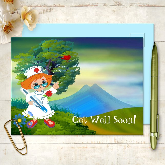 Carte Postale Pour Les Enfants Du Paysage Des Infi (Get Well Soon Postcard featuring a cute nurse in a colorful artistic landscape scene)