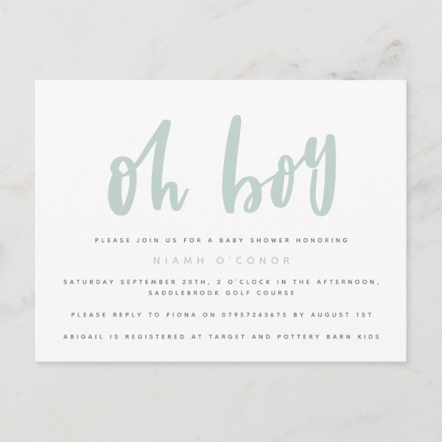 Carte postale pour une baby shower 'Oh boy'. (Devant)